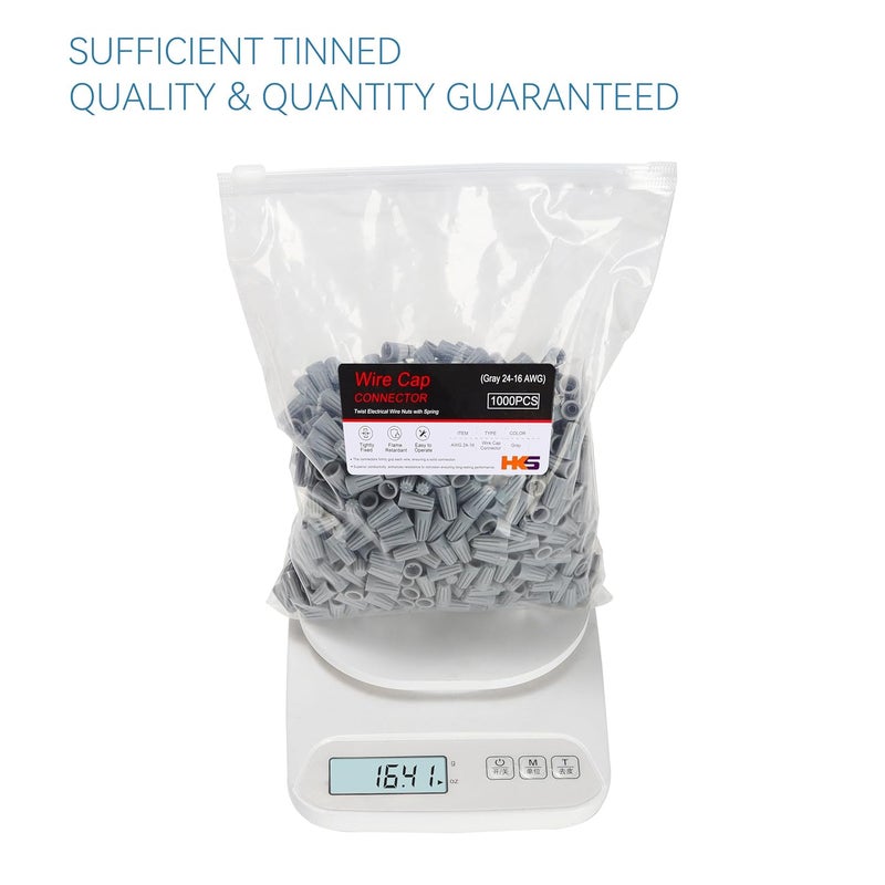 HK-S 1000 PCS Gray Wire Caps - AWG 24-16,Twist-On Screw Nuts Insulated Insertion Electrical Wire Connectors with Spring - Portable & Quick to Connect - Image 2